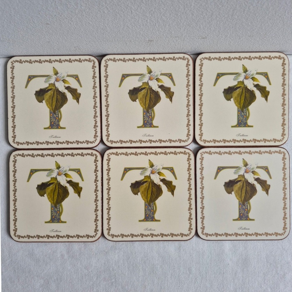 Pimpernel Coasters Cream Trillium Botanical Letter T Cork Back Set of 6